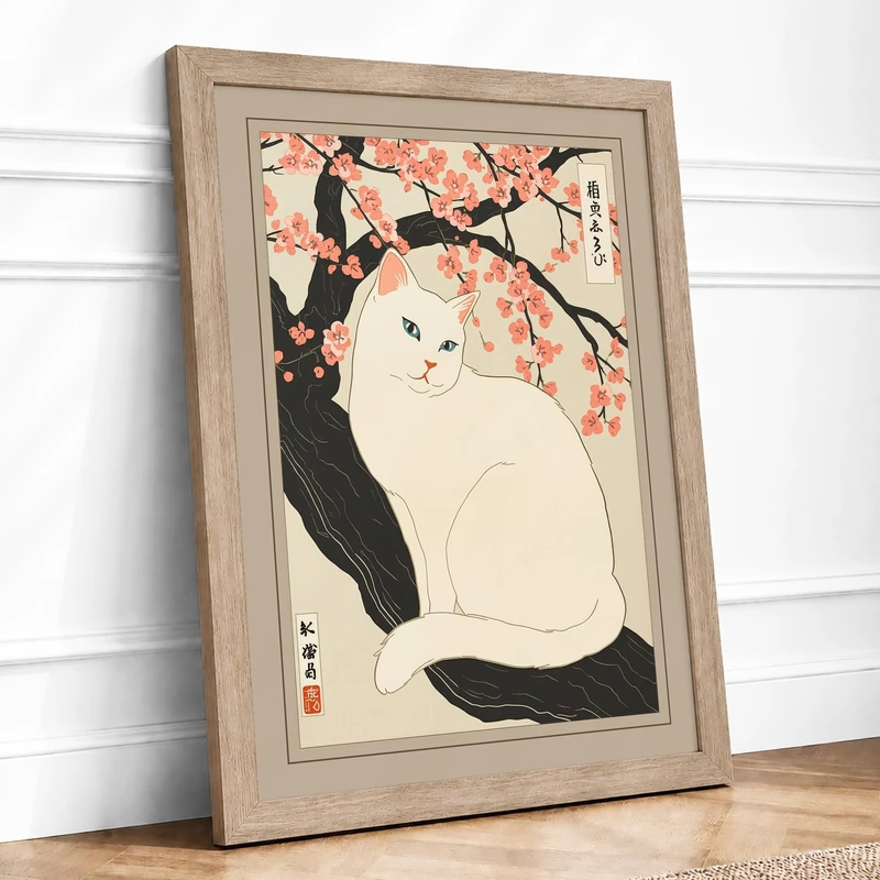 Cat and Cherry Blossoms Japandi Framed Wall Art Print A1 (84.1×59.4cm) Oak, Wall Decor for Living Room, Bedroom, Office & Home, Ready to Hang, Art Gift