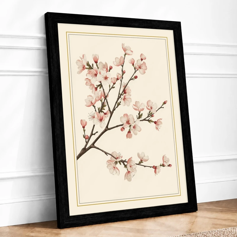 Moonlit Cherry Blossom Botanical Framed Wall Art Print A1 (84.1×59.4cm) Black, Wall Decor for Living Room, Bedroom, Office & Home, Ready to Hang, Art Gift