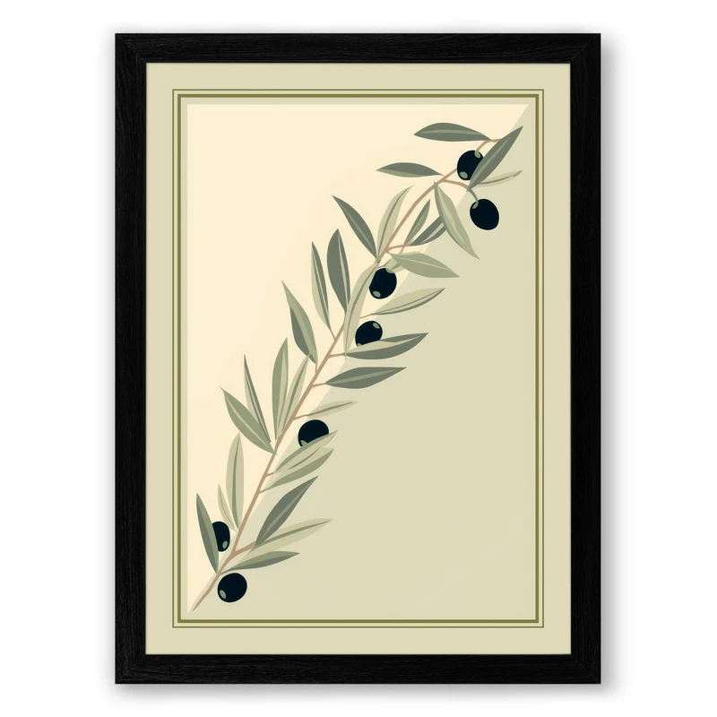 Olive Branches Botanical Framed Wall Art Print A1 (84.1×59.4cm) Black, Wall Decor for Living Room, Bedroom, Office & Home, Ready to Hang, Art Gift