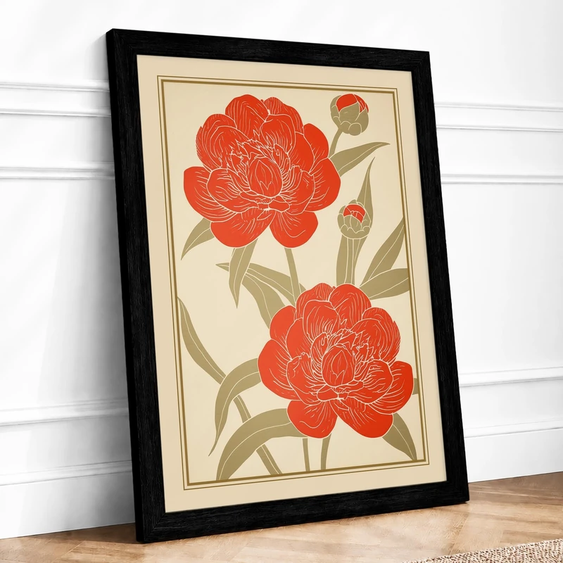 Peonies in Bloom Botanical Framed Wall Art Print A1 (84.1×59.4cm) Black, Wall Decor for Living Room, Bedroom, Office & Home, Ready to Hang, Art Gift - Image 1