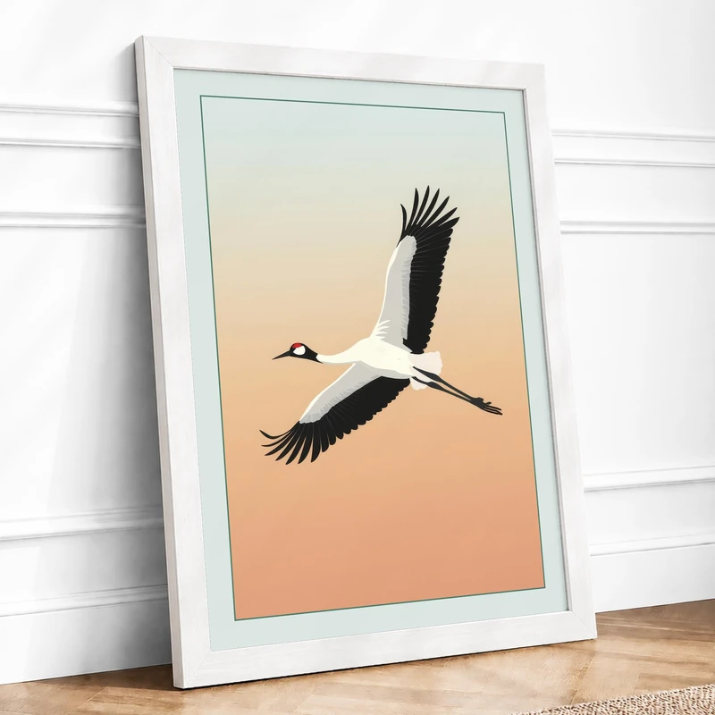 Crane in Flight Minimalist Framed Wall Art Print A1 (84.1×59.4cm) White, Wall Decor for Living Room, Bedroom, Office & Home, Ready to Hang, Art Gift