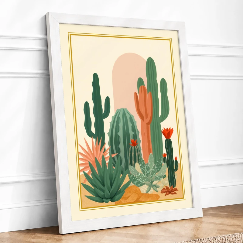 Desert Botanical Study Art Deco Framed Wall Art Print A1 (84.1×59.4cm) White, Wall Decor for Living Room, Bedroom, Office & Home, Ready to Hang, Art Gift
