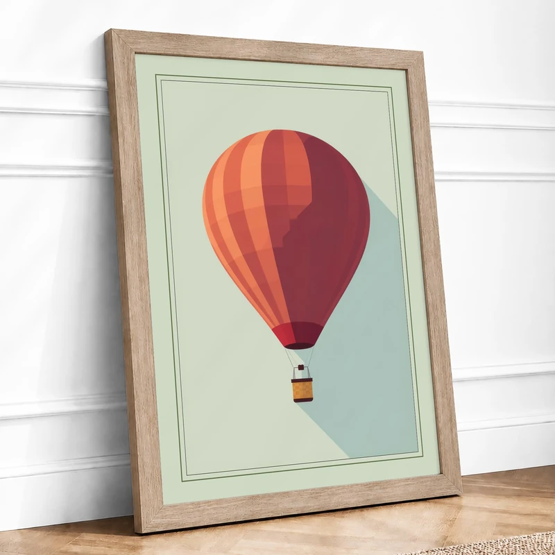 Hot Air Balloon Rising Geometric Framed Wall Art Print A1 (84.1×59.4cm) Oak, Wall Decor for Living Room, Bedroom, Office & Home, Ready to Hang, Art Gift