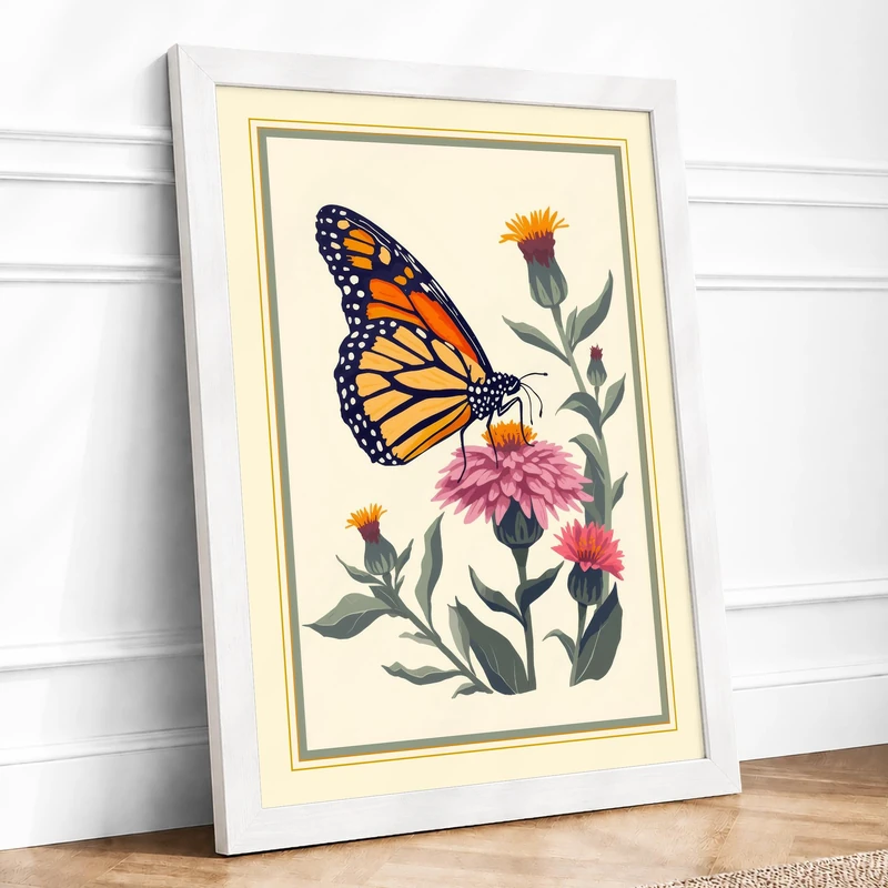 Monarch on Bloom Botanical Framed Wall Art Print A1 (84.1×59.4cm) White, Wall Decor for Living Room, Bedroom, Office & Home, Ready to Hang, Art Gift - Image 1