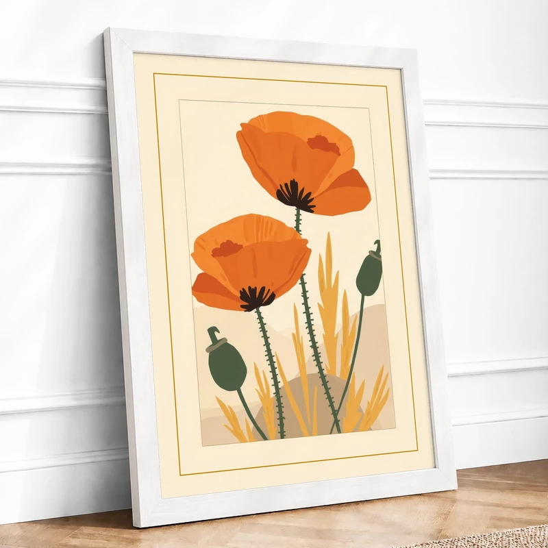 Modernist Poppies Botanical Framed Wall Art Print A1 (84.1×59.4cm) White, Wall Decor for Living Room, Bedroom, Office & Home, Ready to Hang, Art Gift
