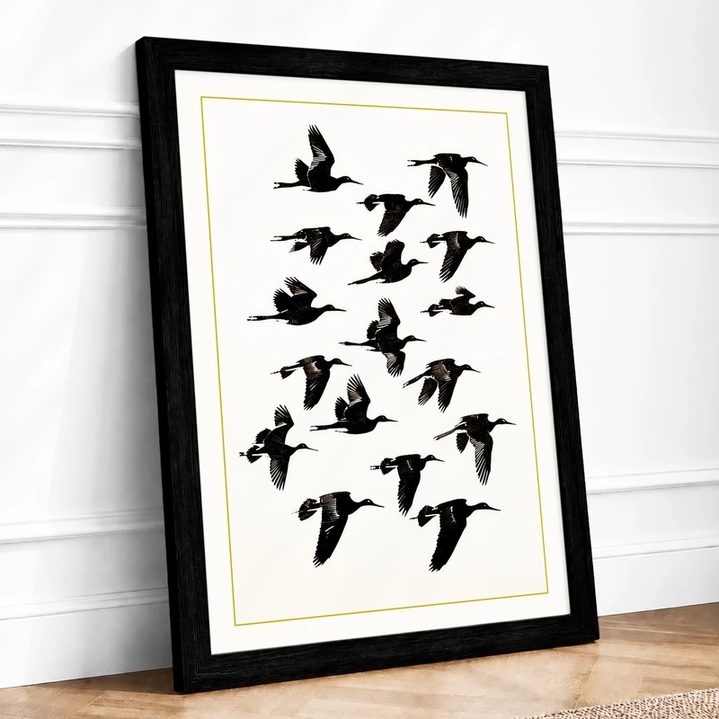 Birds in Flight Minimalist Framed Wall Art Print A1 (84.1×59.4cm) Black, Wall Decor for Living Room, Bedroom, Office & Home, Ready to Hang, Art Gift