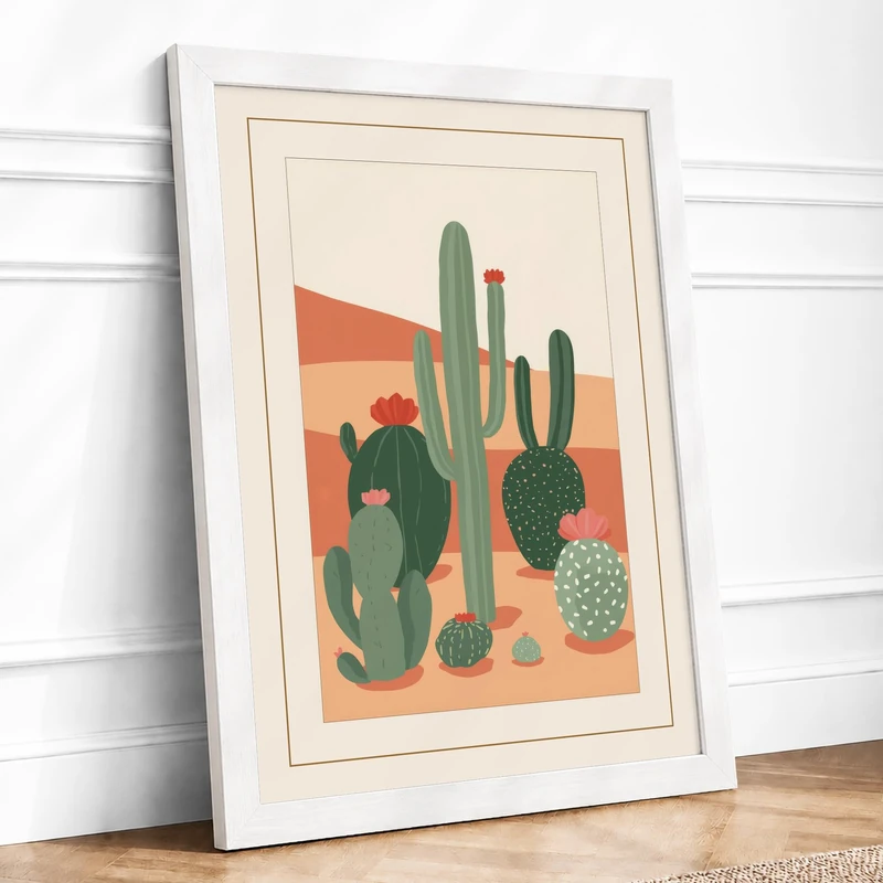 Desert Cacti Landscape Minimalist Framed Wall Art Print A1 (84.1×59.4cm) White, Wall Decor for Living Room, Bedroom, Office & Home, Ready to Hang, Art Gift - Image 1