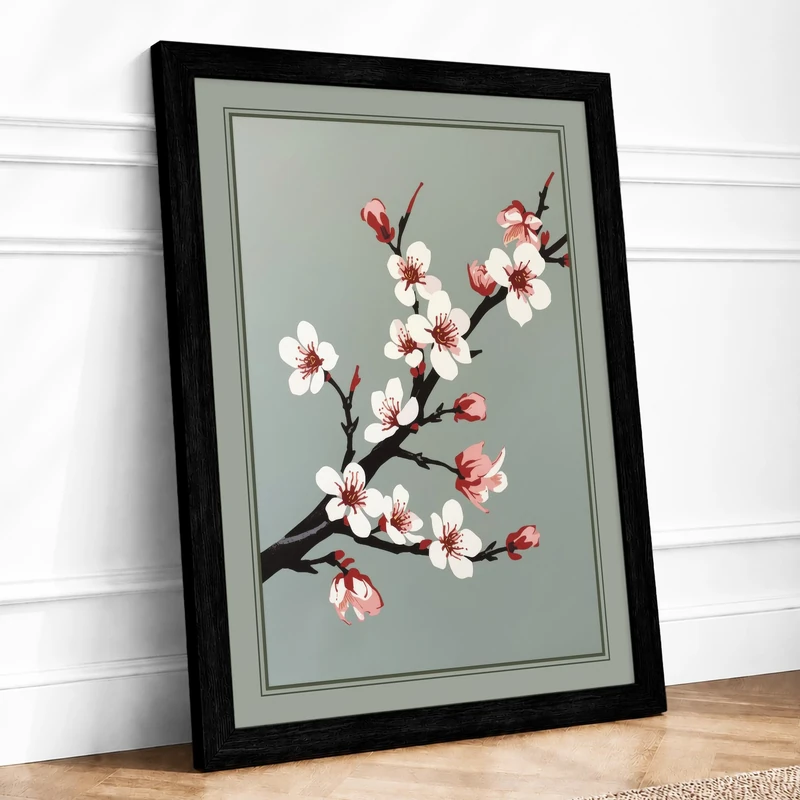 Cherry Blossoms Unfolding Botanical Framed Wall Art Print A1 (84.1×59.4cm) Black, Wall Decor for Living Room, Bedroom, Office & Home, Ready to Hang, Art Gift - Image 1