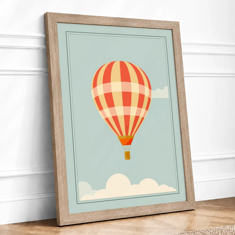 Hot Air Balloon at Dawn Mid-Century Framed Wall Art Print A1 (84.1×59.4cm) Oak, Wall Decor for Living Room, Bedroom, Office & Home, Ready to Hang, Art Gift - Image 1