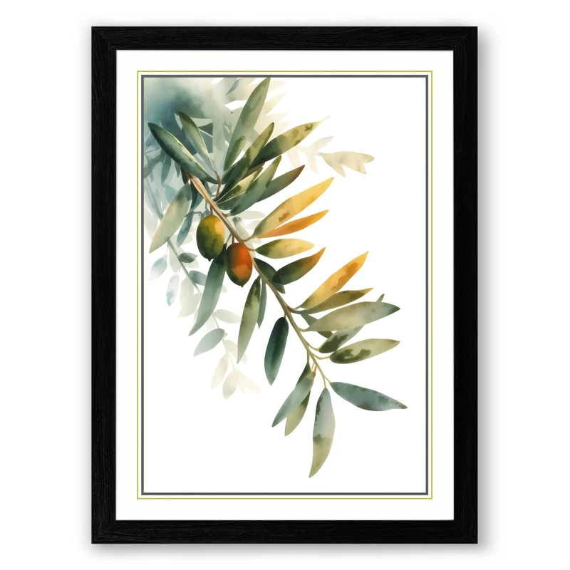Olive Branch Botanical Framed Wall Art Print A1 (84.1×59.4cm) Black, Wall Decor for Living Room, Bedroom, Office & Home, Ready to Hang, Art Gift