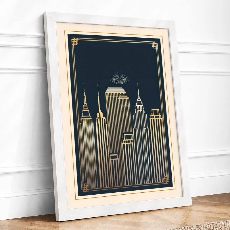 New York Skyline Art Deco Framed Wall Art Print A1 (84.1×59.4cm) White, Wall Decor for Living Room, Bedroom, Office & Home, Ready to Hang, Art Gift - Image 1