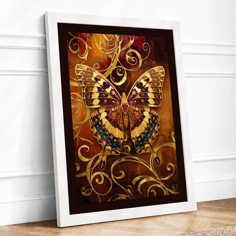 Golden Butterfly Flourish Vintage Framed Wall Art Print A1 (84.1×59.4cm) White, Wall Decor for Living Room, Bedroom, Office & Home, Ready to Hang, Art Gift - Image 1