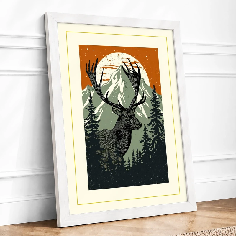 Deer Under Moonlight Rustic Framed Wall Art Print A1 (84.1×59.4cm) White, Wall Decor for Living Room, Bedroom, Office & Home, Ready to Hang, Art Gift - Image 1