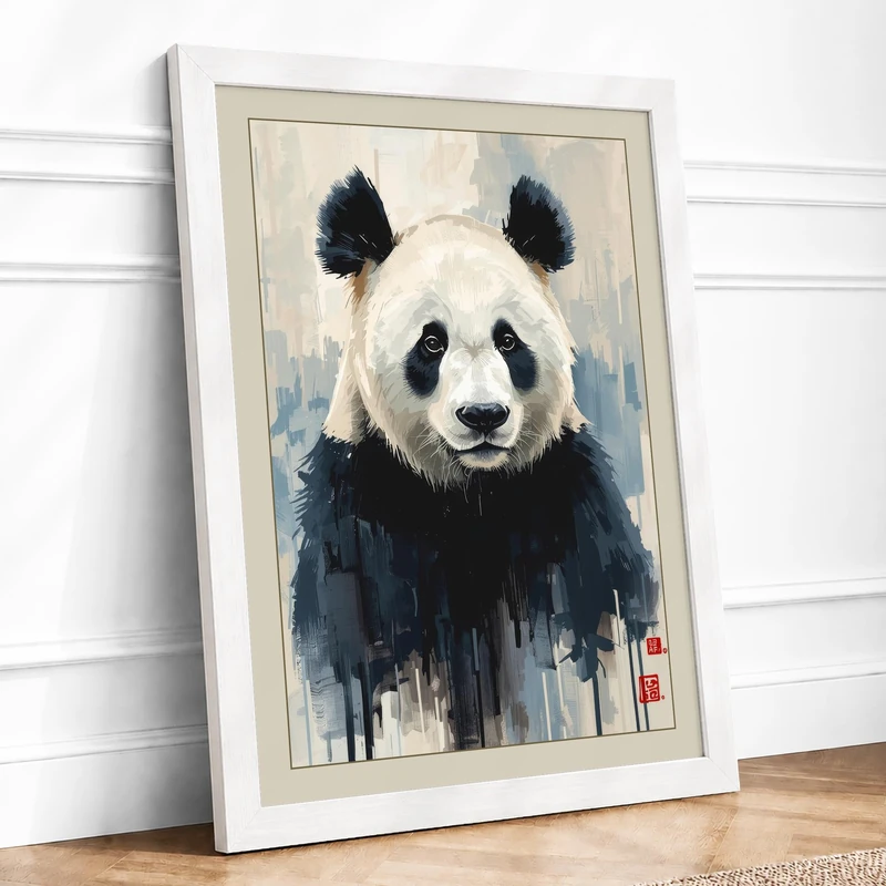 Panda with Paint Drips Modern Framed Wall Art Print A1 (84.1×59.4cm) White, Wall Decor for Living Room, Bedroom, Office & Home, Ready to Hang, Art Gift - Image 1