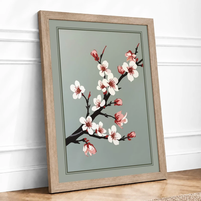 Cherry Blossoms Unfolding Botanical Framed Wall Art Print A1 (84.1×59.4cm) Oak, Wall Decor for Living Room, Bedroom, Office & Home, Ready to Hang, Art Gift - Image 1