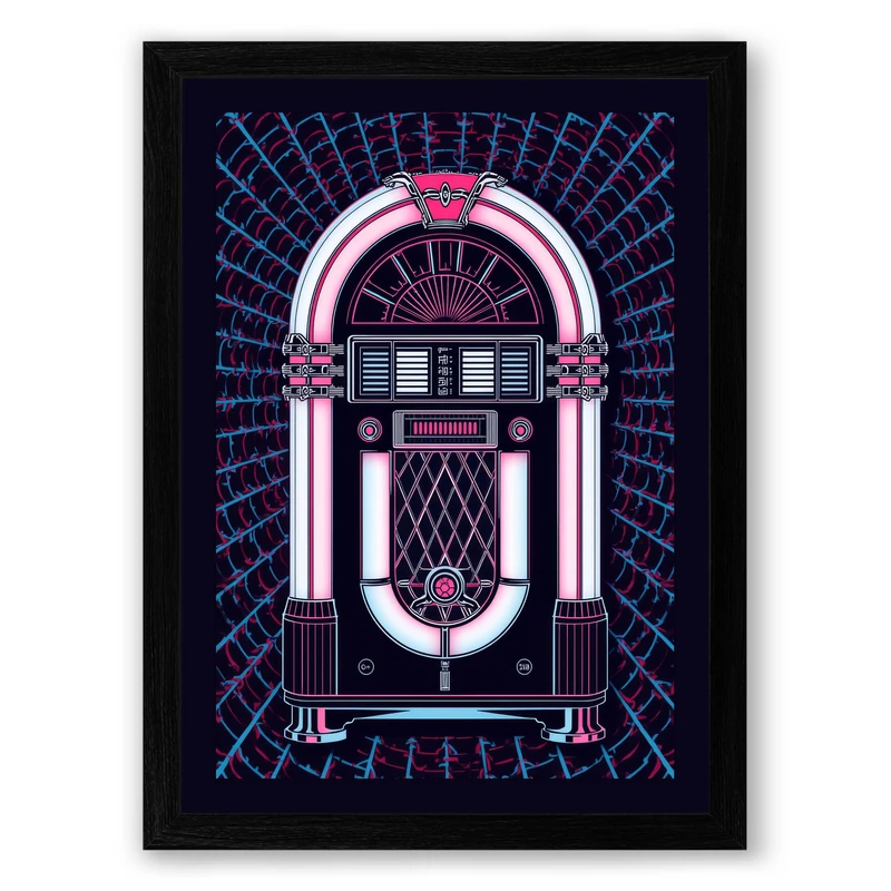 Neon Jukebox Retro Framed Wall Art Print A1 (84.1×59.4cm) Black, Wall Decor for Living Room, Bedroom, Office & Home, Ready to Hang, Art Gift
