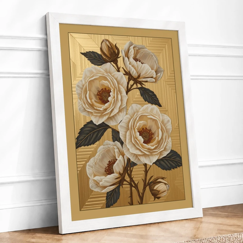 Pale Roses in Bloom Botanical Framed Wall Art Print A1 (84.1×59.4cm) White, Wall Decor for Living Room, Bedroom, Office & Home, Ready to Hang, Art Gift