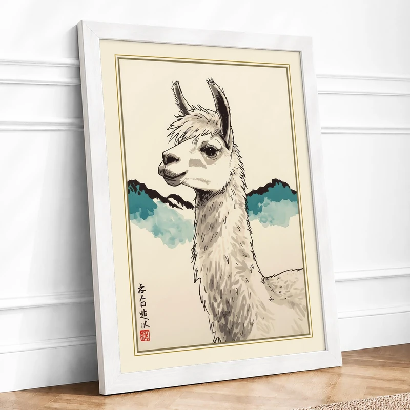 Alpaca in Profile Japandi Framed Wall Art Print A1 (84.1×59.4cm) White, Wall Decor for Living Room, Bedroom, Office & Home, Ready to Hang, Art Gift - Image 1