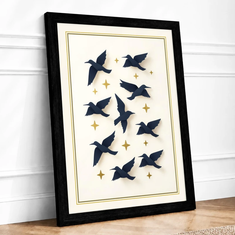 Midnight Birds in Flight Modern Framed Wall Art Print A1 (84.1×59.4cm) Black, Wall Decor for Living Room, Bedroom, Office & Home, Ready to Hang, Art Gift