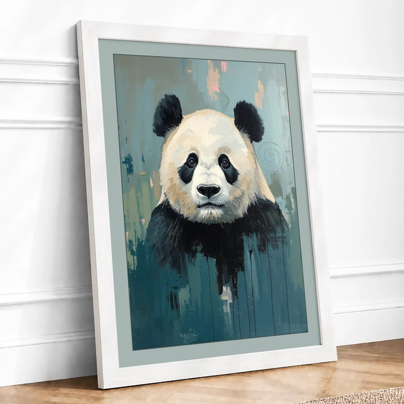 Contemplative Panda Modern Framed Wall Art Print A1 (84.1×59.4cm) White, Wall Decor for Living Room, Bedroom, Office & Home, Ready to Hang, Art Gift