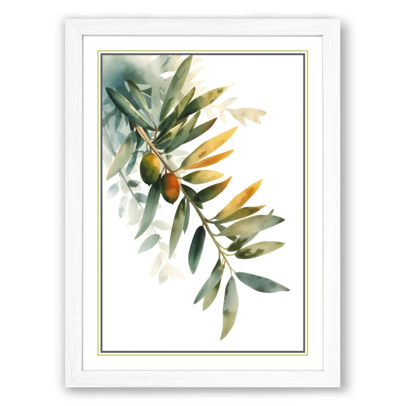 Olive Branch Botanical Framed Wall Art Print A1 (84.1×59.4cm) White, Wall Decor for Living Room, Bedroom, Office & Home, Ready to Hang, Art Gift