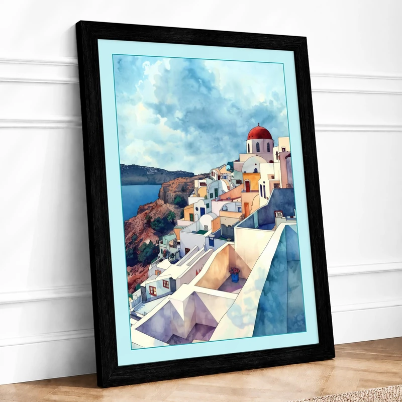 Mediterranean Clifftop Coastal Framed Wall Art Print A1 (84.1×59.4cm) Black, Wall Decor for Living Room, Bedroom, Office & Home, Ready to Hang, Art Gift