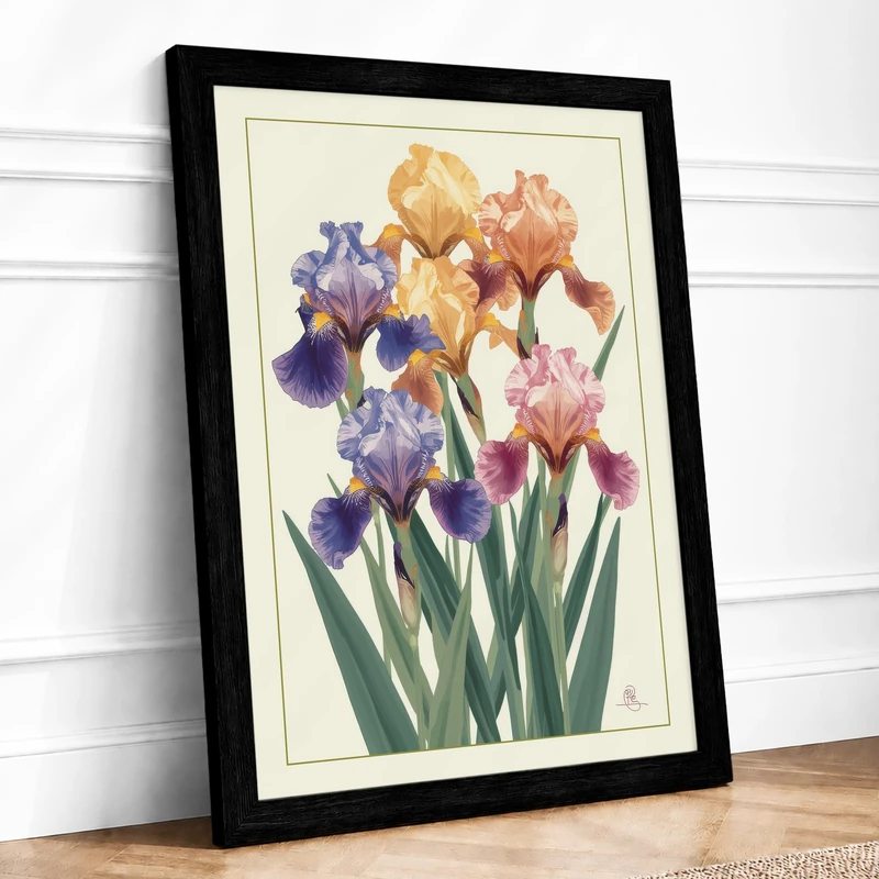 Iris Garden Botanical Framed Wall Art Print A1 (84.1×59.4cm) Black, Wall Decor for Living Room, Bedroom, Office & Home, Ready to Hang, Art Gift