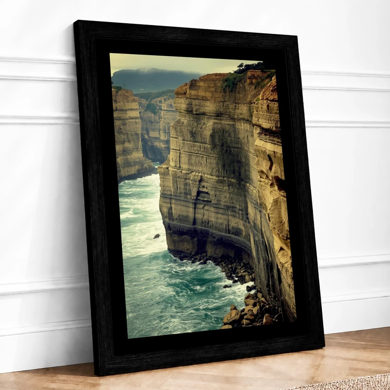 Cliffs and Turbulent Sea Coastal Framed Wall Art Print A1 (84.1×59.4cm) Black, Wall Decor for Living Room, Bedroom, Office & Home, Ready to Hang, Art Gift