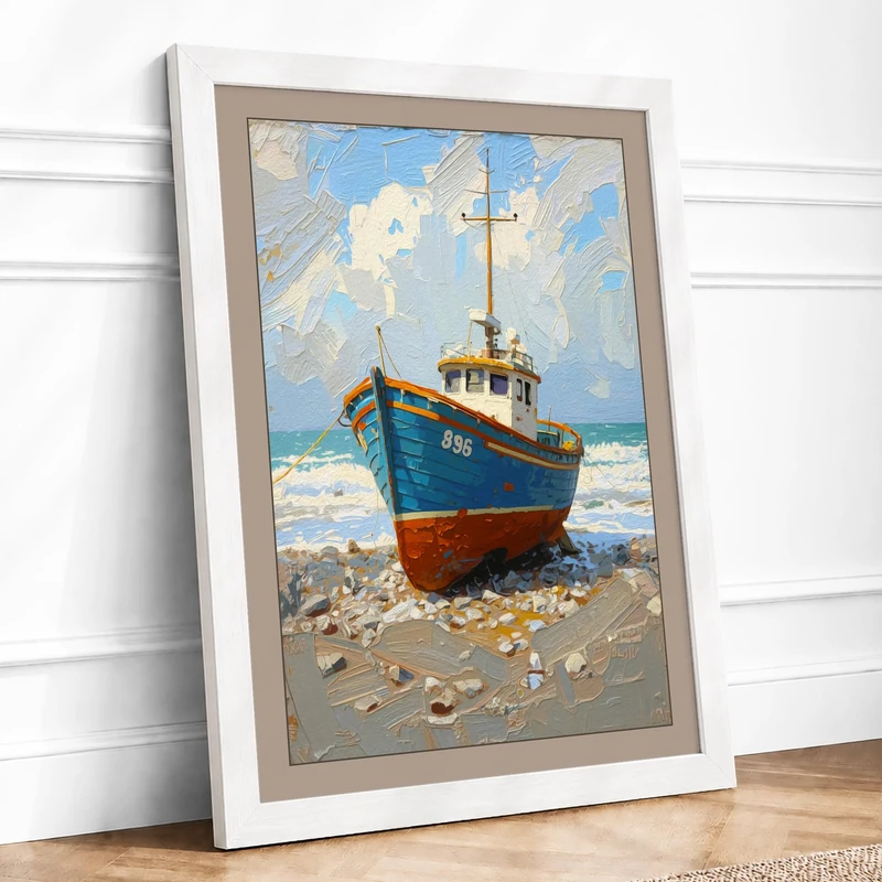 Beached Vessel at Rest Coastal Framed Wall Art Print A1 (84.1×59.4cm) White, Wall Decor for Living Room, Bedroom, Office & Home, Ready to Hang, Art Gift - Image 1