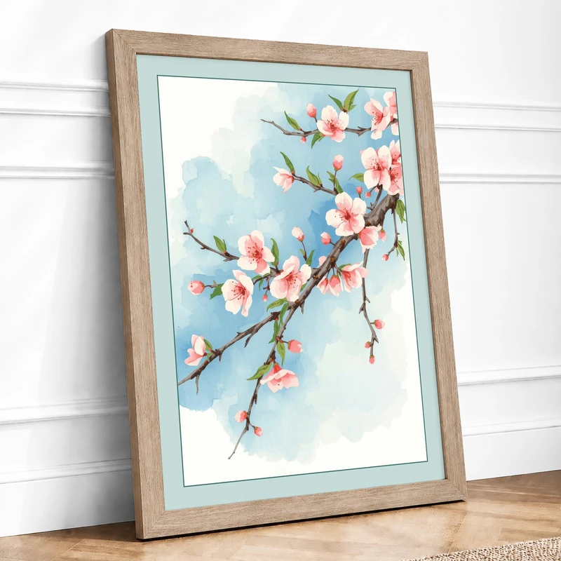 Moonlit Cherry Blossom Botanical Framed Wall Art Print A1 (84.1×59.4cm) Oak, Wall Decor for Living Room, Bedroom, Office & Home, Ready to Hang, Art Gift