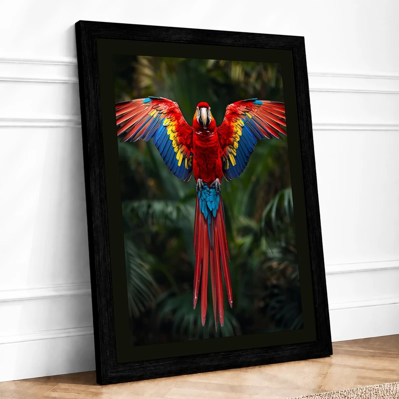 Macaw in Flight Tropical Framed Wall Art Print A1 (84.1×59.4cm) Black, Wall Decor for Living Room, Bedroom, Office & Home, Ready to Hang, Art Gift - Image 1