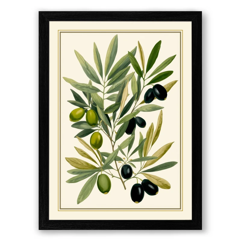 Olive Branch Study Botanical Framed Wall Art Print A1 (84.1×59.4cm) Black, Wall Decor for Living Room, Bedroom, Office & Home, Ready to Hang, Art Gift