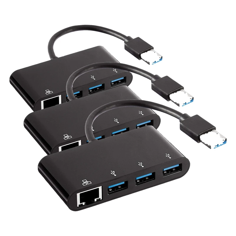 Amazon Basics 4-Port Adapter With 3 USB-A Ports + 1 RJ45 Gigabit Ethernet Port, Black (Pack of 3)