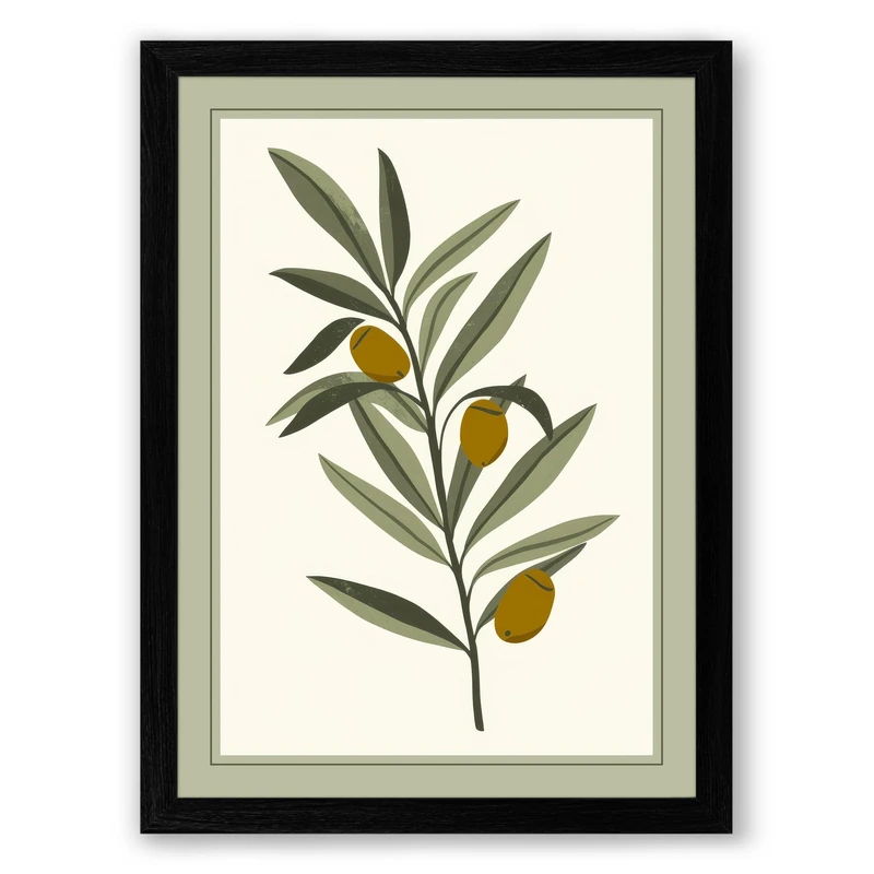 Golden Olive Branch Botanical Framed Wall Art Print A1 (84.1×59.4cm) Black, Wall Decor for Living Room, Bedroom, Office & Home, Ready to Hang, Art Gift