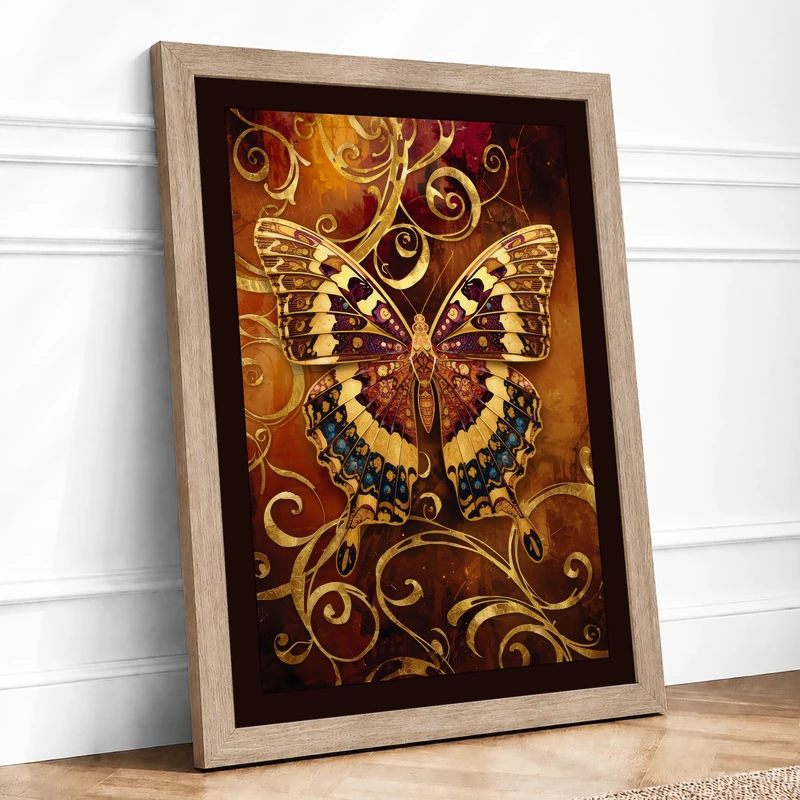 Golden Butterfly Flourish Vintage Framed Wall Art Print A1 (84.1×59.4cm) Oak, Wall Decor for Living Room, Bedroom, Office & Home, Ready to Hang, Art Gift