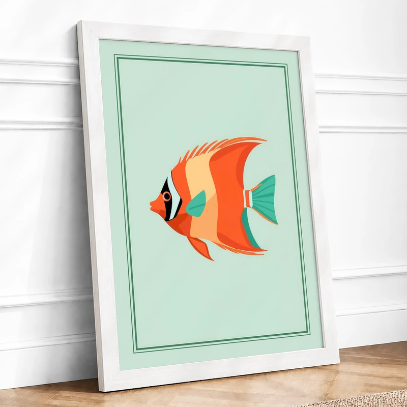 Geometric Fish Modern Framed Wall Art Print A1 (84.1×59.4cm) White, Wall Decor for Living Room, Bedroom, Office & Home, Ready to Hang, Art Gift