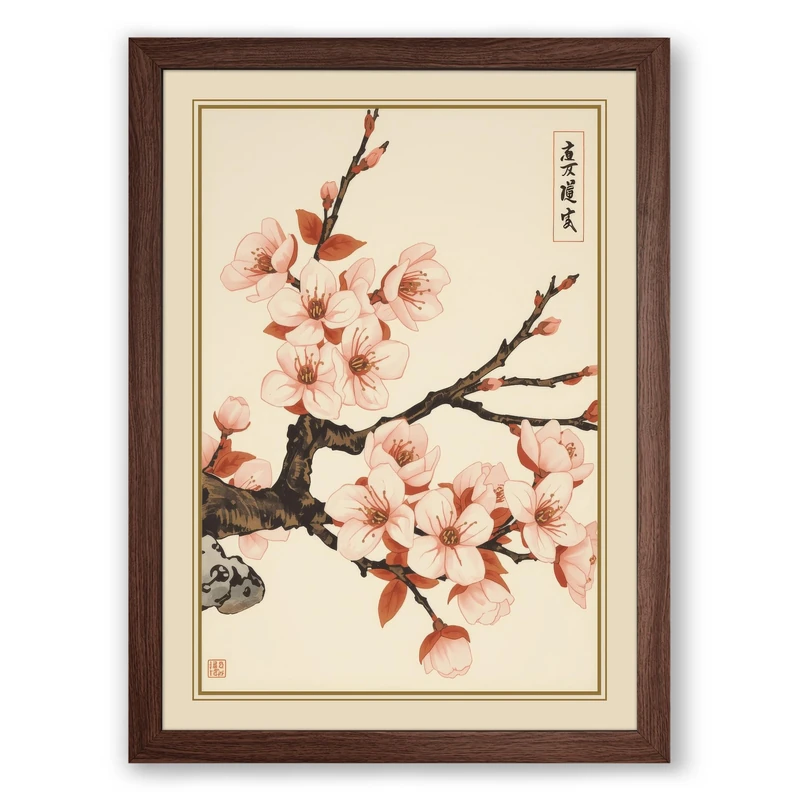 Moonlit Cherry Blossom Japandi Framed Wall Art Print A1 (84.1×59.4cm) Walnut, Wall Decor for Living Room, Bedroom, Office & Home, Ready to Hang, Art Gift - Image 1