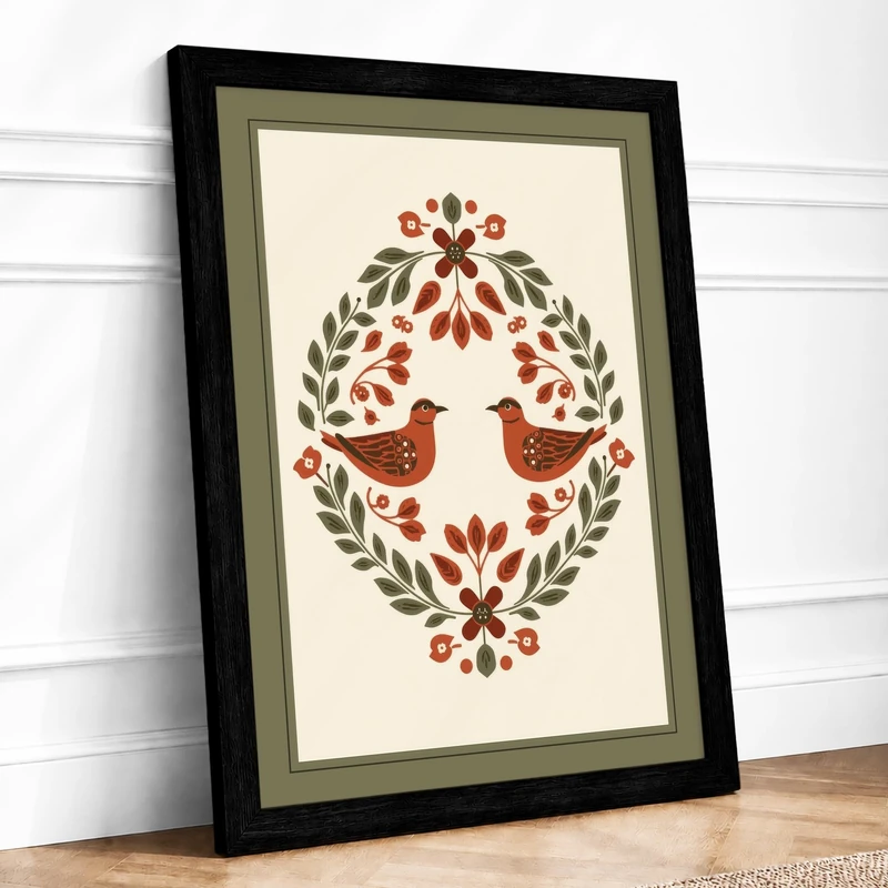 Birds in Botanical Frame Vintage Framed Wall Art Print A1 (84.1×59.4cm) Black, Wall Decor for Living Room, Bedroom, Office & Home, Ready to Hang, Art Gift