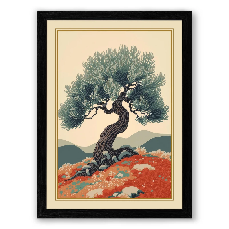 Ancient Olive Tree Japandi Framed Wall Art Print A1 (84.1×59.4cm) Black, Wall Decor for Living Room, Bedroom, Office & Home, Ready to Hang, Art Gift