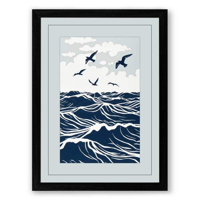 Birds Over Troubled Seas Scandinavian Framed Wall Art Print A1 (84.1×59.4cm) Black, Wall Decor for Living Room, Bedroom, Office & Home, Ready to Hang, Art Gift