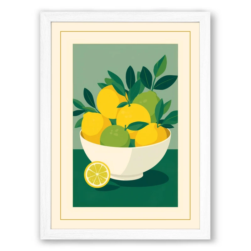 Lemon Bowl Botanical Framed Wall Art Print A1 (84.1×59.4cm) White, Wall Decor for Living Room, Bedroom, Office & Home, Ready to Hang, Art Gift