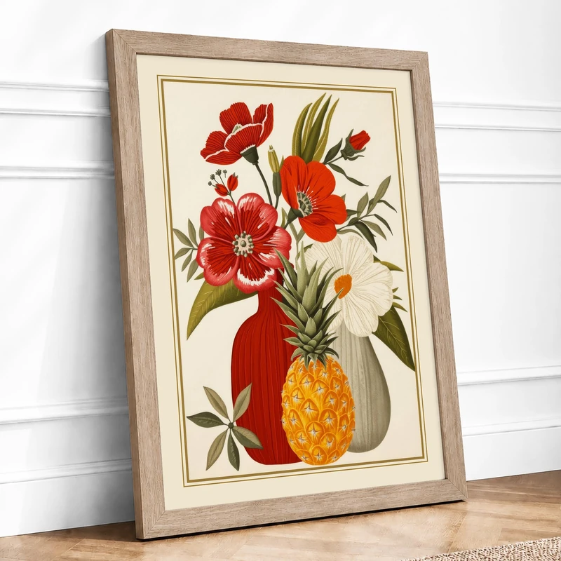 Vase with Flowers and Pineapple Botanical Framed Wall Art Print A1 (84.1×59.4cm) Oak, Wall Decor for Living Room, Bedroom, Office & Home, Ready to Hang, Art Gift - Image 1