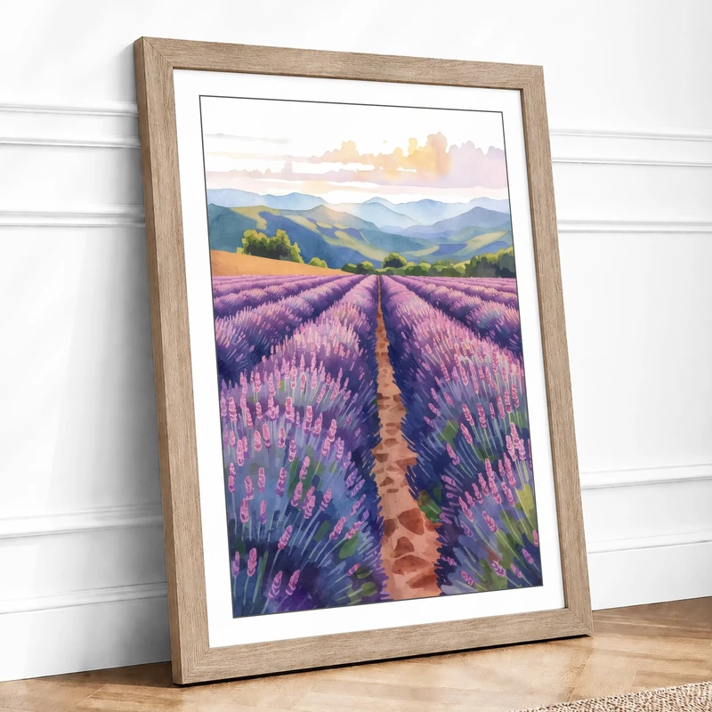 Lavender Fields at Sunrise Botanical Framed Wall Art Print A1 (84.1×59.4cm) Oak, Wall Decor for Living Room, Bedroom, Office & Home, Ready to Hang, Art Gift