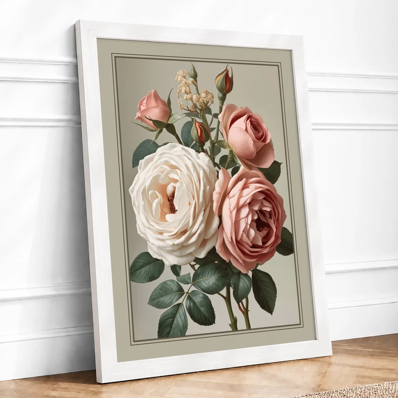 Rose Cluster Botanical Framed Wall Art Print A1 (84.1×59.4cm) White, Wall Decor for Living Room, Bedroom, Office & Home, Ready to Hang, Art Gift