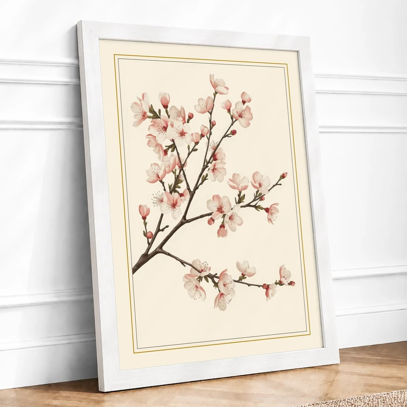 Moonlit Cherry Blossom Botanical Framed Wall Art Print A1 (84.1×59.4cm) White, Wall Decor for Living Room, Bedroom, Office & Home, Ready to Hang, Art Gift - Image 1
