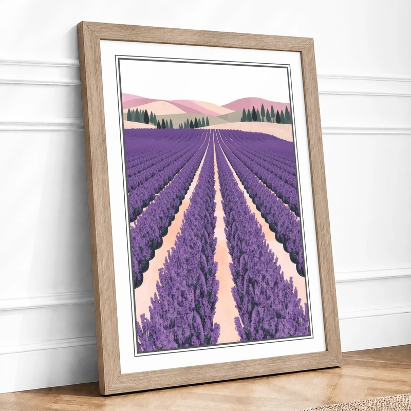 Lavender Fields at Dusk Pastoral Framed Wall Art Print A1 (84.1×59.4cm) Oak, Wall Decor for Living Room, Bedroom, Office & Home, Ready to Hang, Art Gift