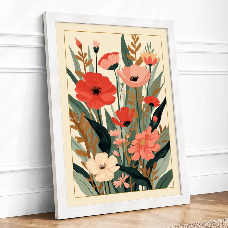 Gathered Poppies Botanical Framed Wall Art Print A1 (84.1×59.4cm) White, Wall Decor for Living Room, Bedroom, Office & Home, Ready to Hang, Art Gift - Image 1