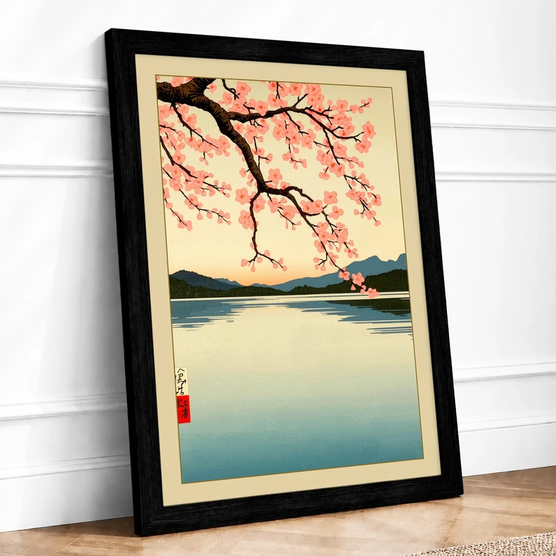 Cherry Blossom Over Lake Japandi Framed Wall Art Print A1 (84.1×59.4cm) Black, Wall Decor for Living Room, Bedroom, Office & Home, Ready to Hang, Art Gift