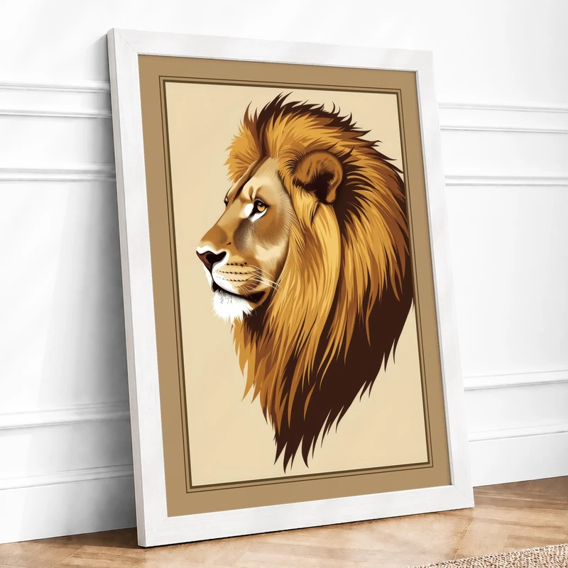 Noble Lion Rustic Framed Wall Art Print A1 (84.1×59.4cm) White, Wall Decor for Living Room, Bedroom, Office & Home, Ready to Hang, Art Gift
