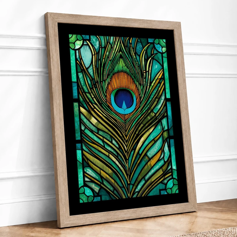 Peacock Feather Panel Art Deco Framed Wall Art Print A1 (84.1×59.4cm) Oak, Wall Decor for Living Room, Bedroom, Office & Home, Ready to Hang, Art Gift - Image 1